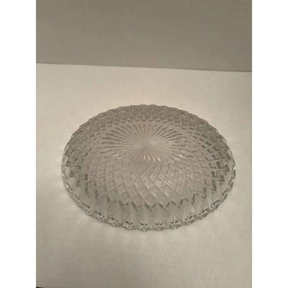 Vintage Clear Pressed Glass Oval‎ Bowl Diamond Point Sunburst Scalloped Rim 8.5